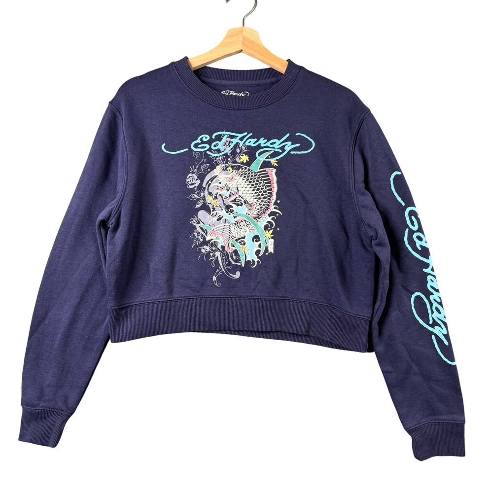 Ed Hardy Womens Navy Blue Koi Fish Cropped Sweatshirt Long sleeve Size M